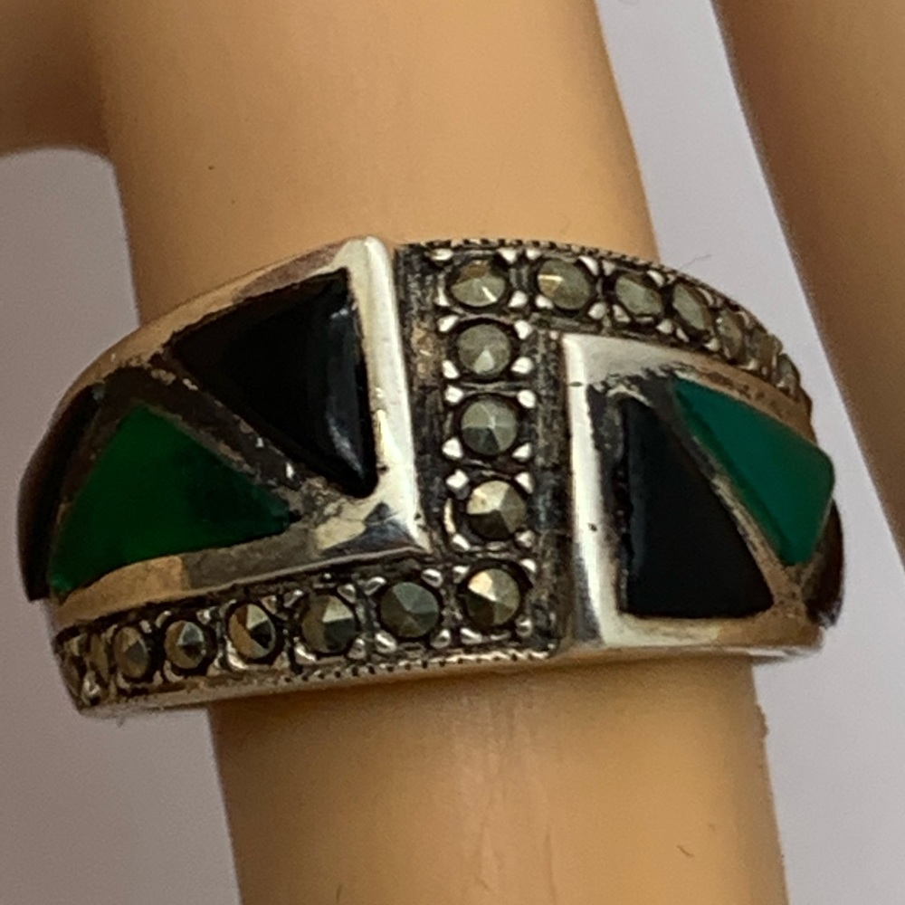 925 Vintage Sterling Onyx Turquoise Ring 7